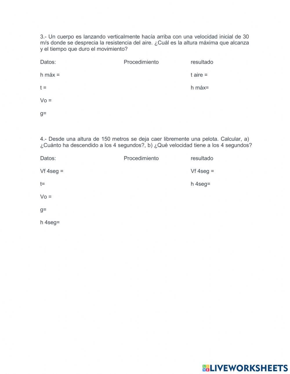 Ejercicios de caída libre