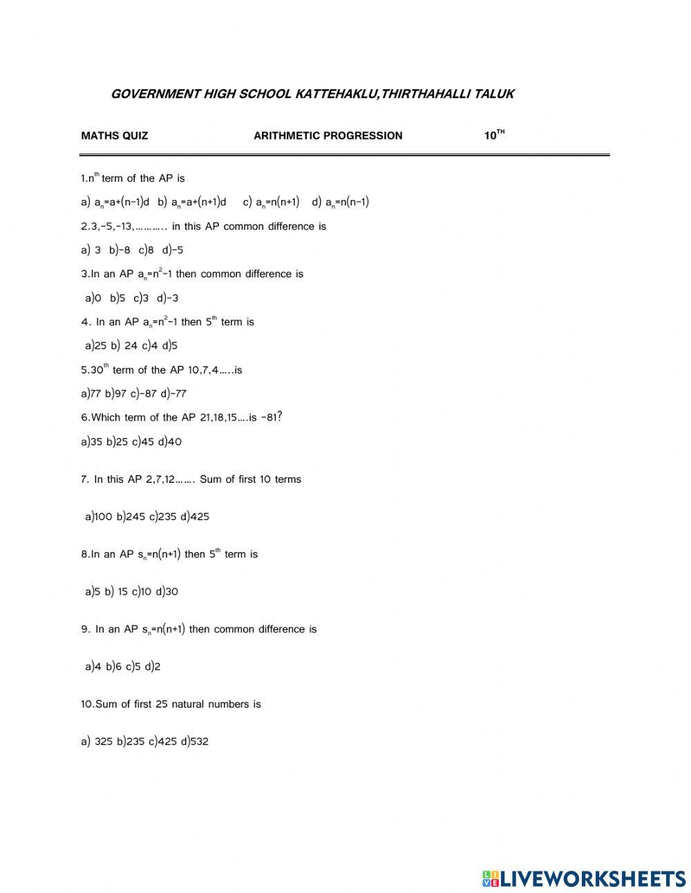 Arithmetic Progression Interactive Activity Live Worksheets arithmetic-progression-interactive-activity-live-worksheets