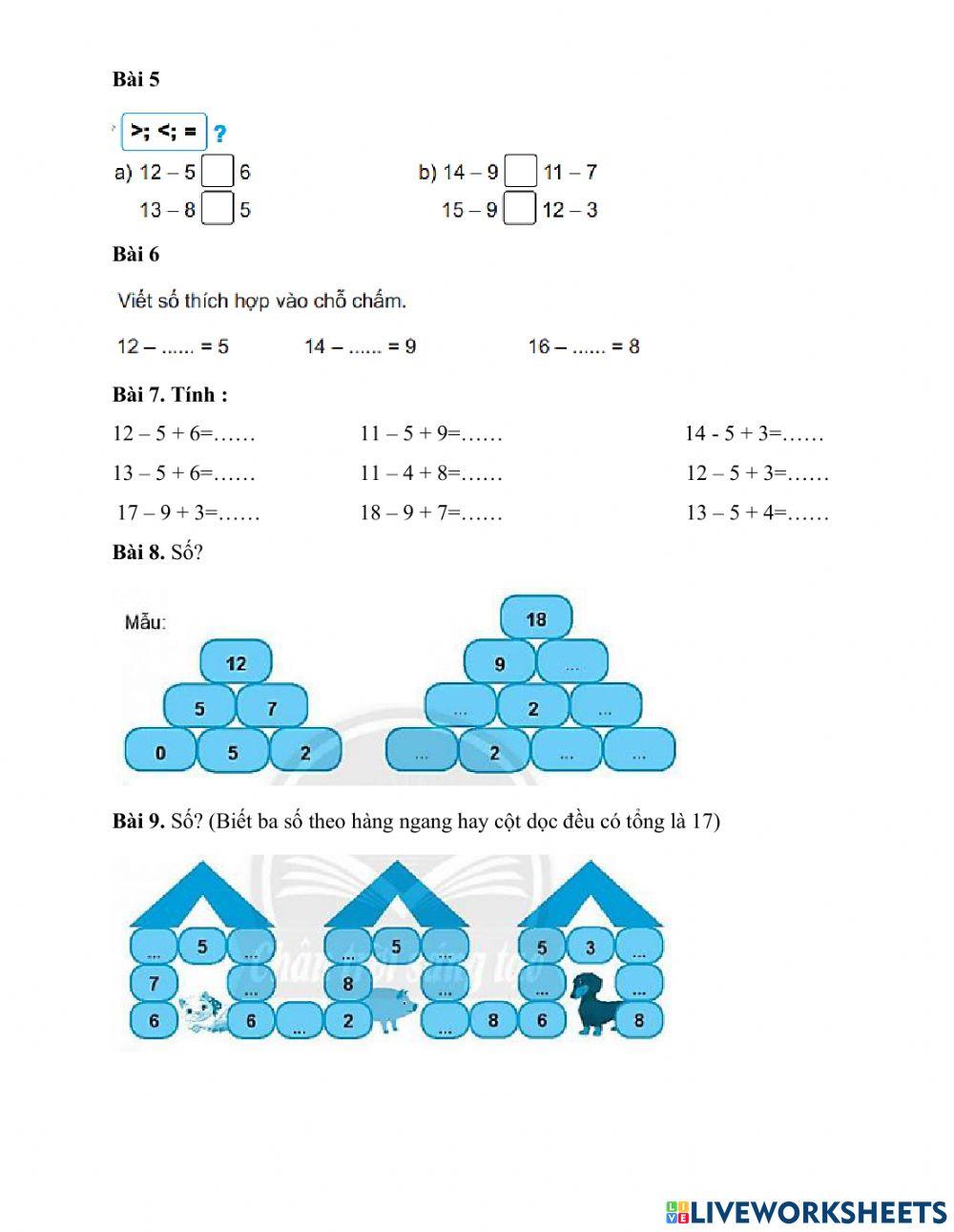 Bảng trừ có nhớ phạm vi 20