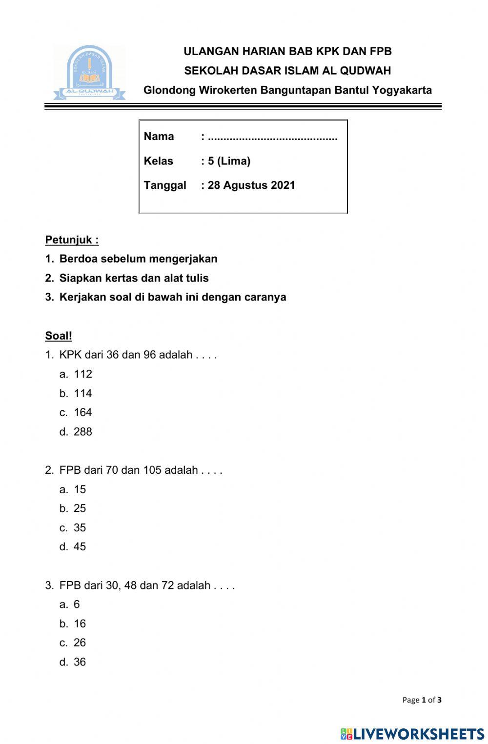 Ulangan Harian Bab 1 Kelas 5