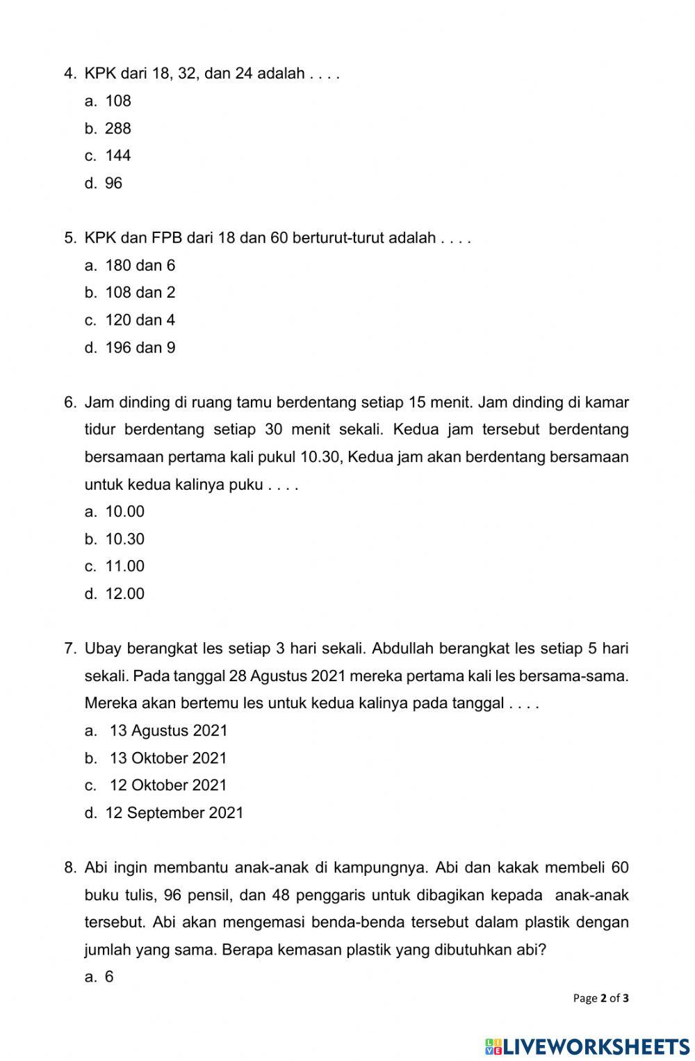 Ulangan Harian Bab 1 Kelas 5