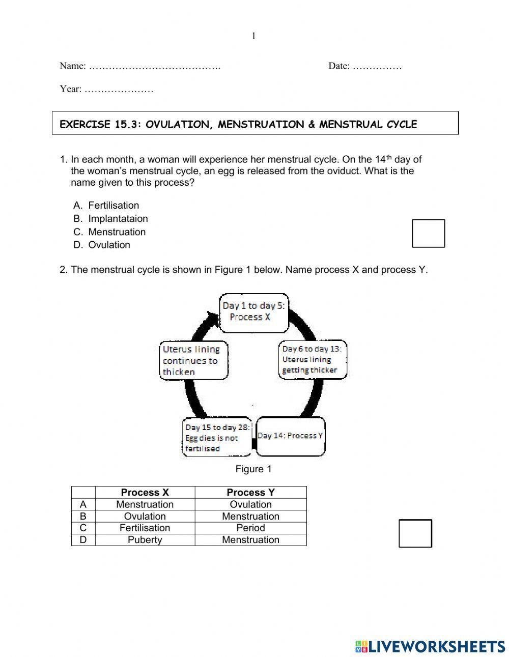 Exercise 15.3 (Ovulation, menstruation & menstrual cycle)