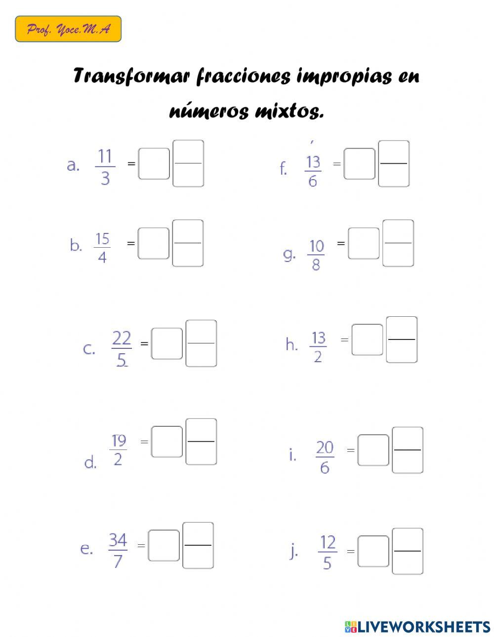 Transfromacion de fracciones impropias a números mixtos