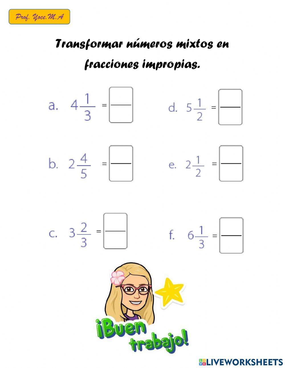 Transformar números mixtos en fracciones impropias