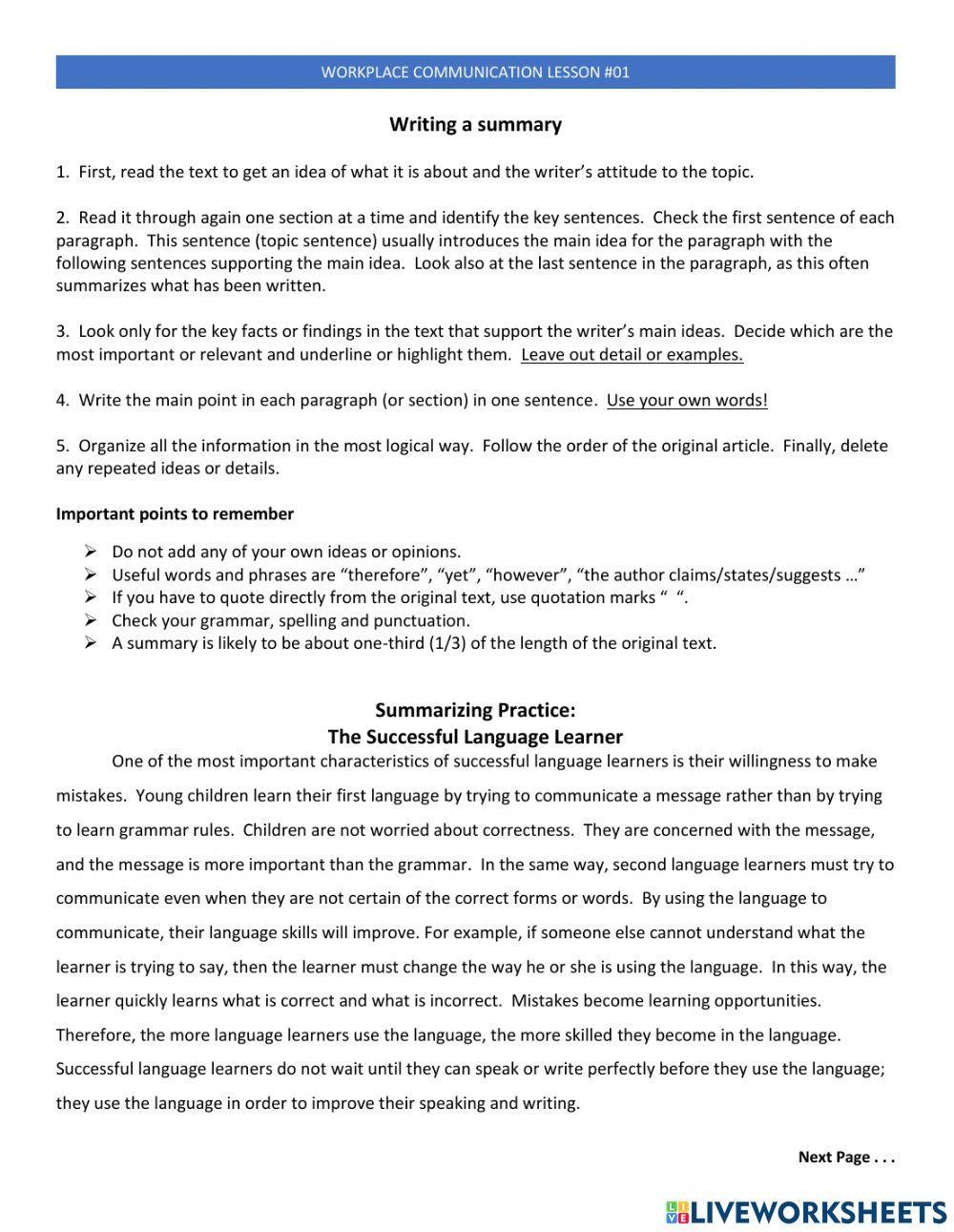 WC Lesson 01 - Writing a Summary