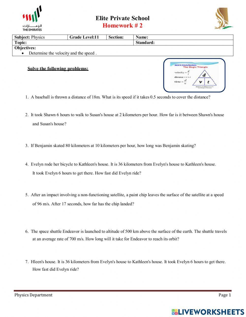 Worksheet - Velocity & speed