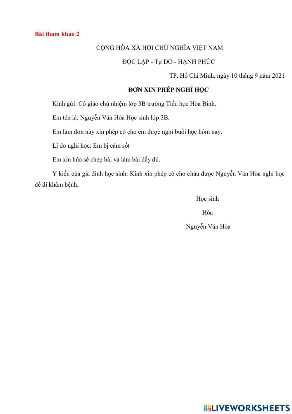 Đơn xin nghỉ học lớp 3