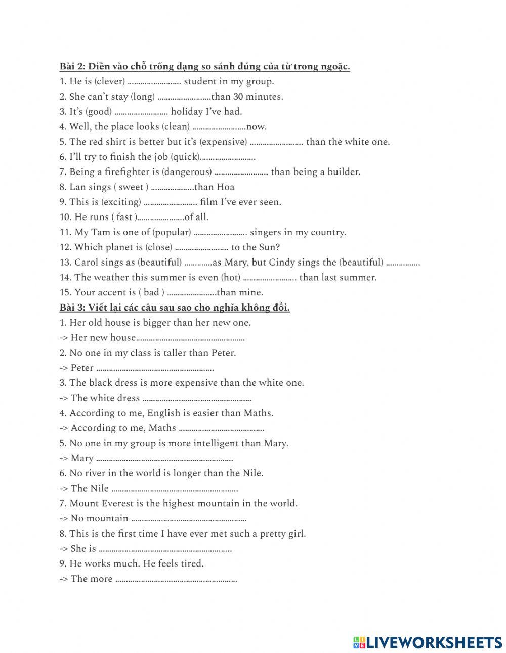 Bt câu so sánh nâng cao