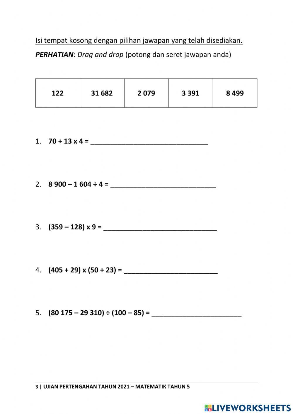 Ujian pertengahan tahun matematik tahun 5