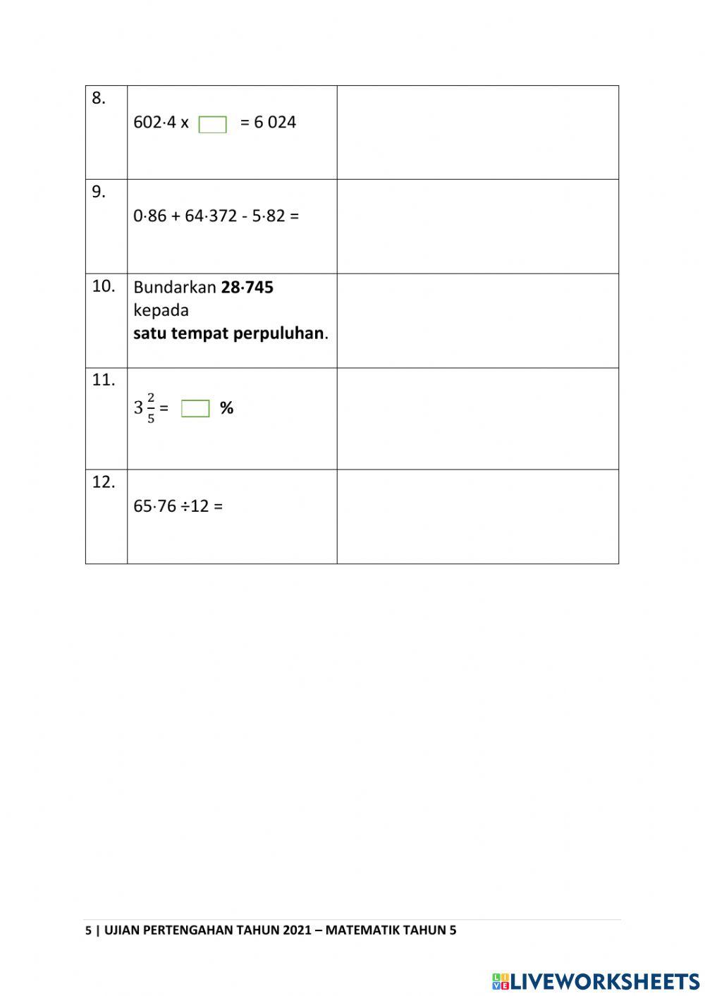 Ujian pertengahan tahun matematik tahun 5