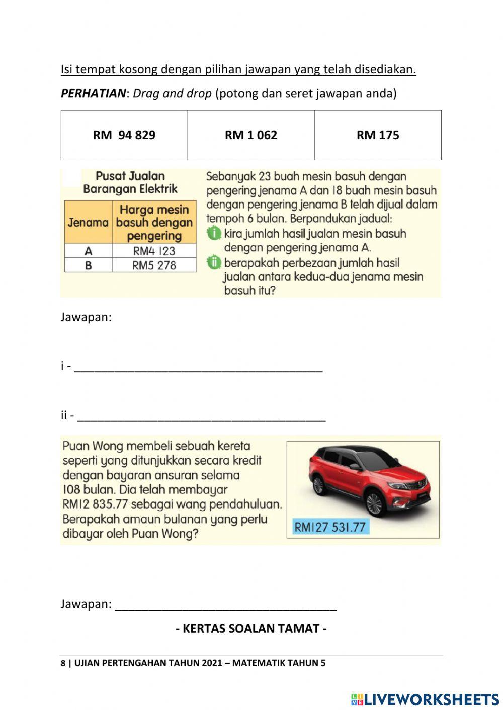 Ujian pertengahan tahun matematik tahun 5