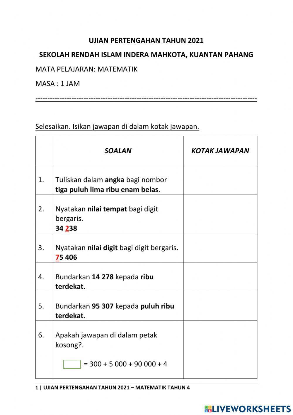 Ujian pertengahan tahun matematik tahun 4