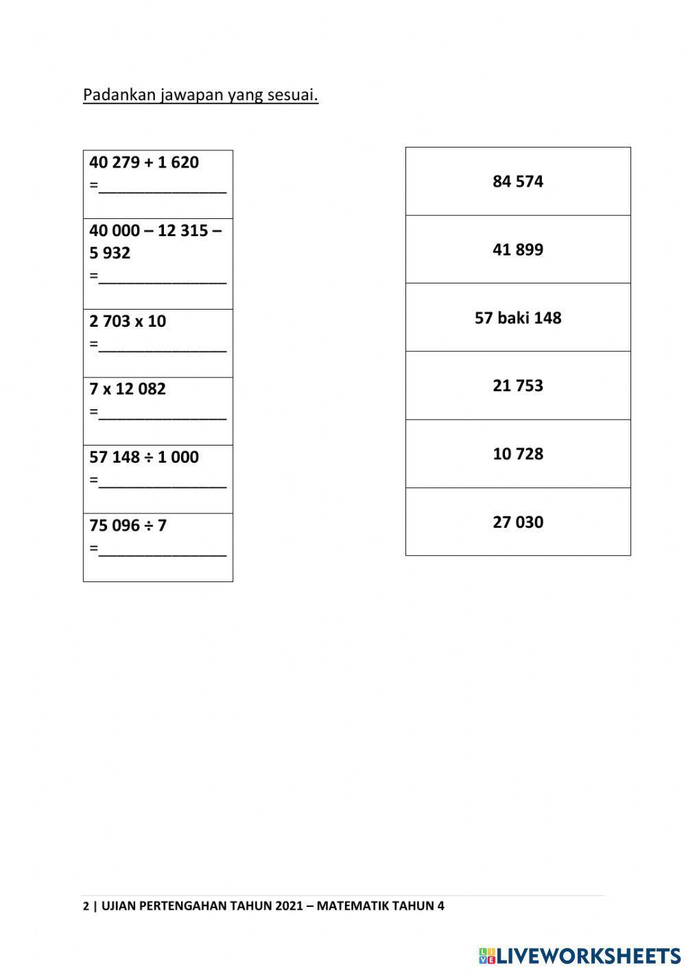 Ujian pertengahan tahun matematik tahun 4