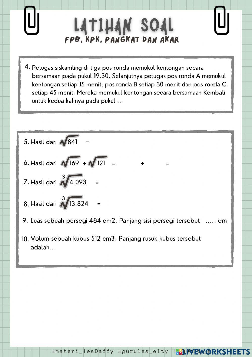 Latihan Soal FPB, KPK, PANGKAT - AKAR