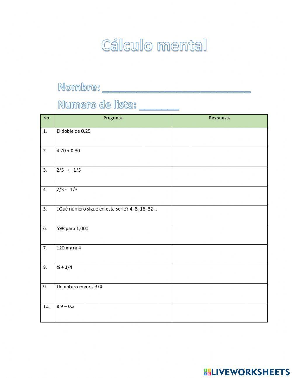 Cálculo mental Cálculo mental