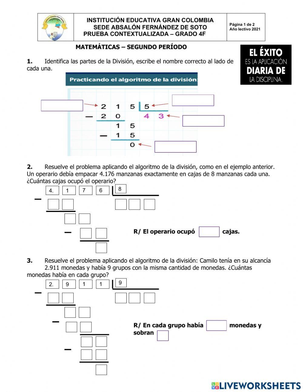 PRUEBA CONTEXTUALIZADA MATEMATICAS GRADO 4F SEGUNDO PERIODO
