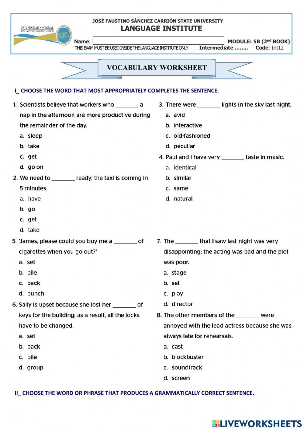 Vocabulary & Listening worksheet-Intermediate-Mod5B-2ndB