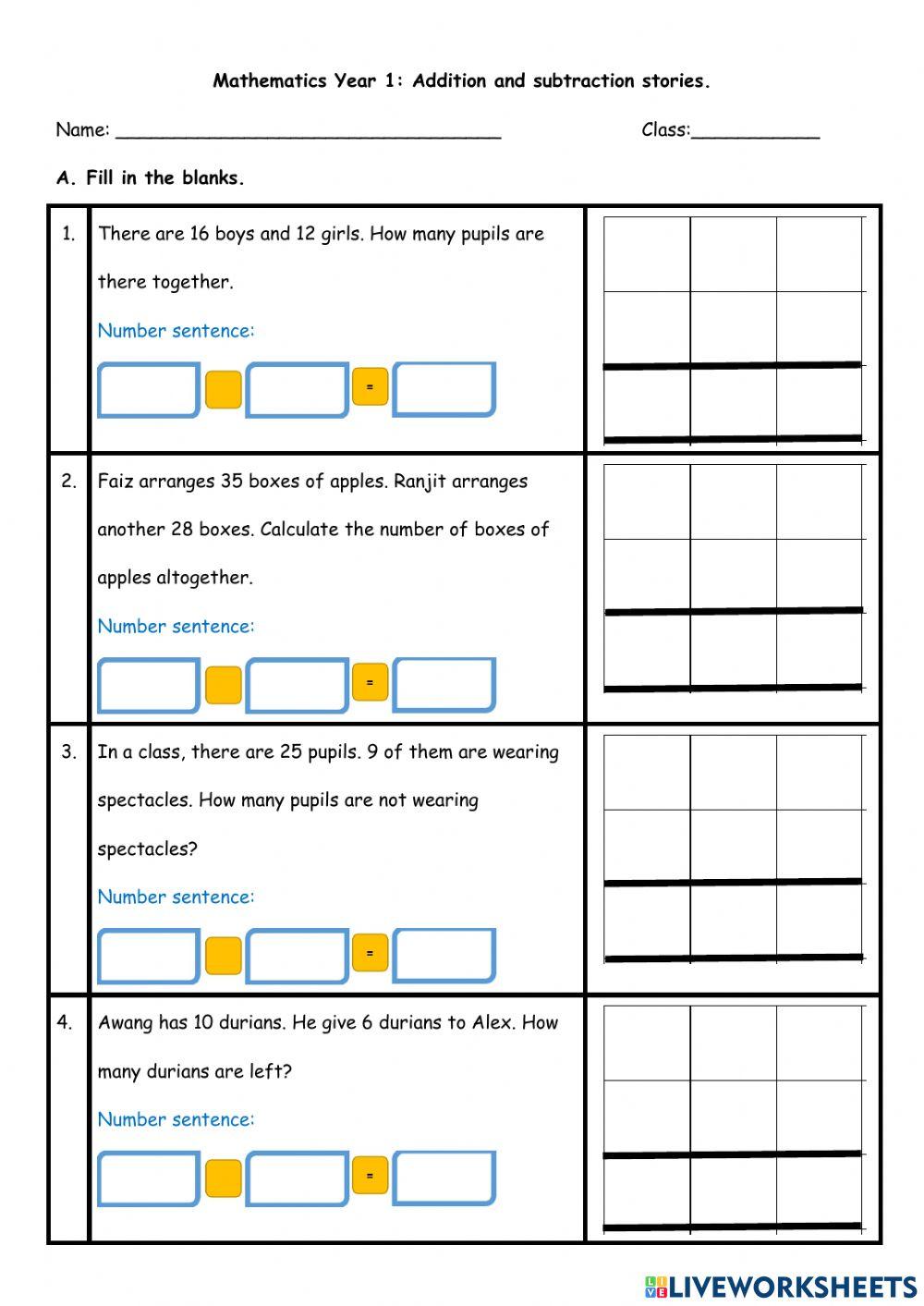 Addition and subtraction: PROBLEM SOLVING worksheet | Live Worksheets