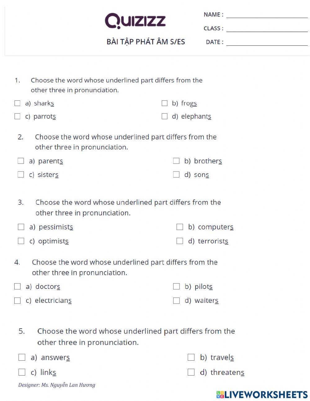 Bài tập phát âm e- es