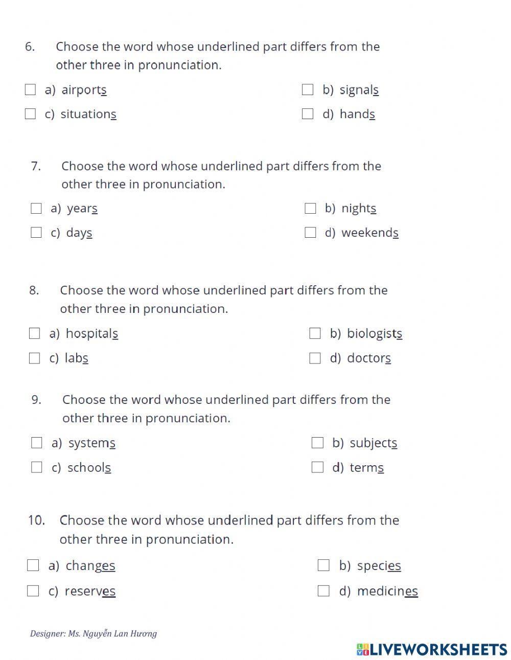 Bài tập phát âm e- es