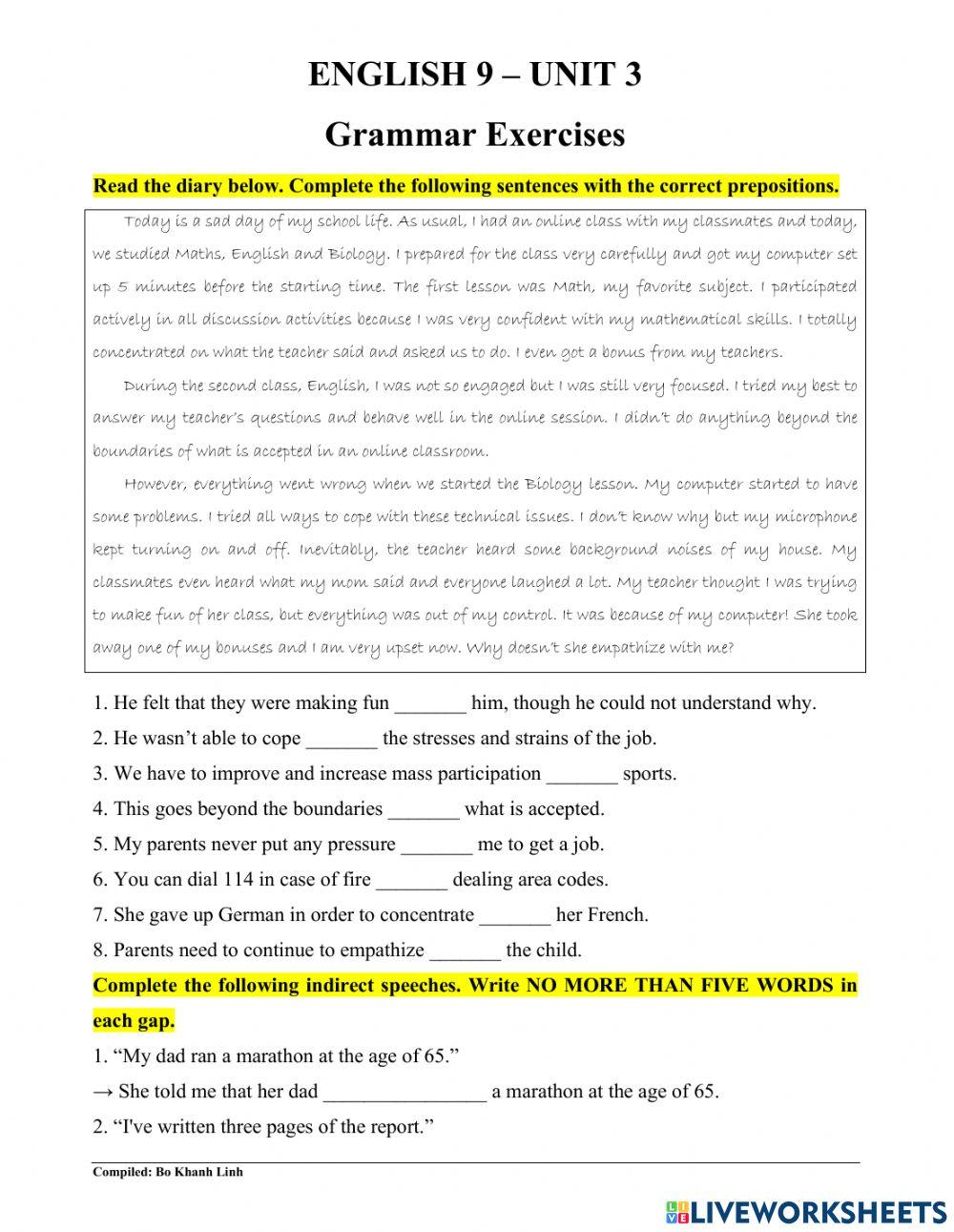 English 9 - Unit 3 - Prepositions - Reported Speech