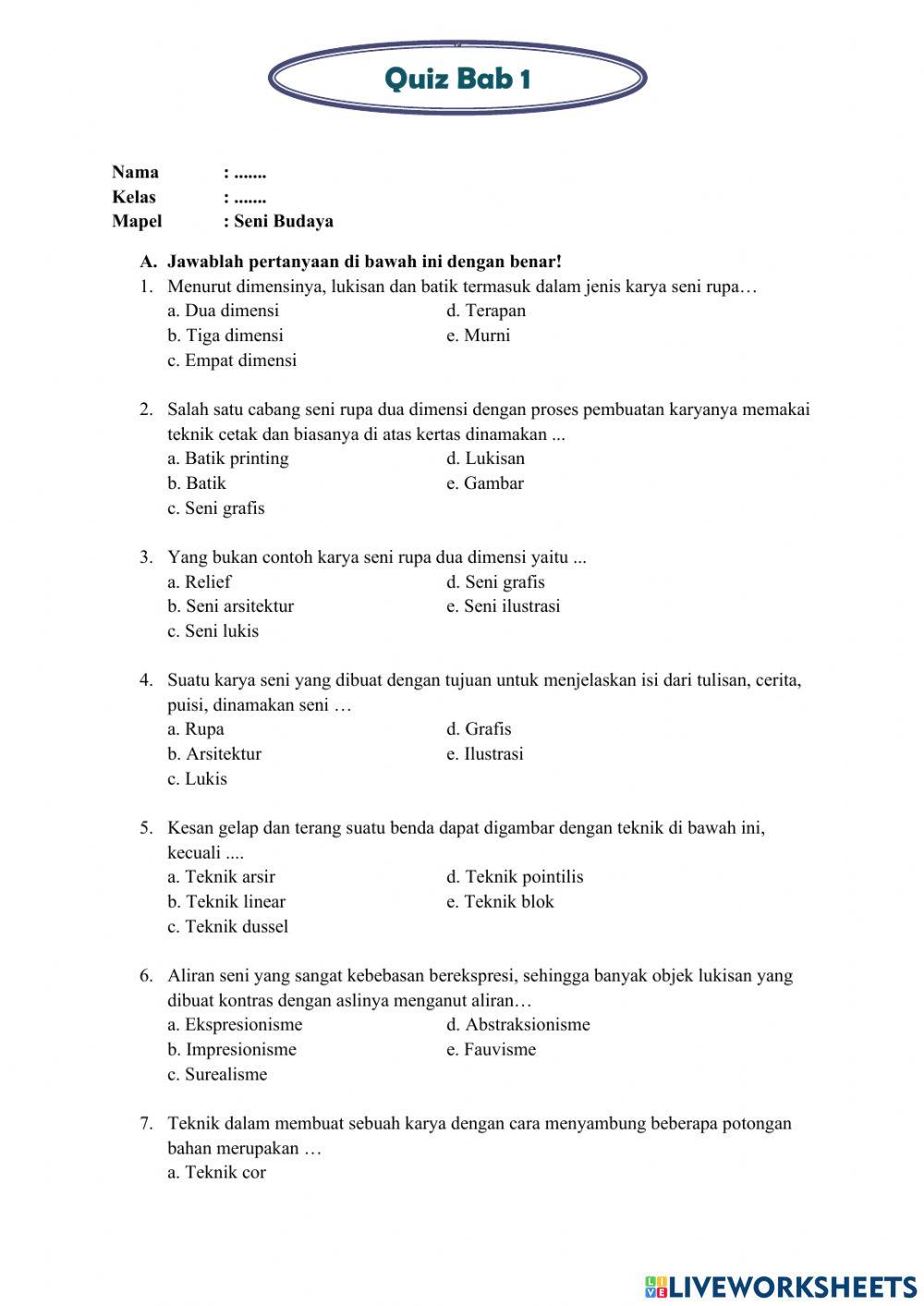 Quiz Bab 1 Berkarya seni rupa dua dimensi