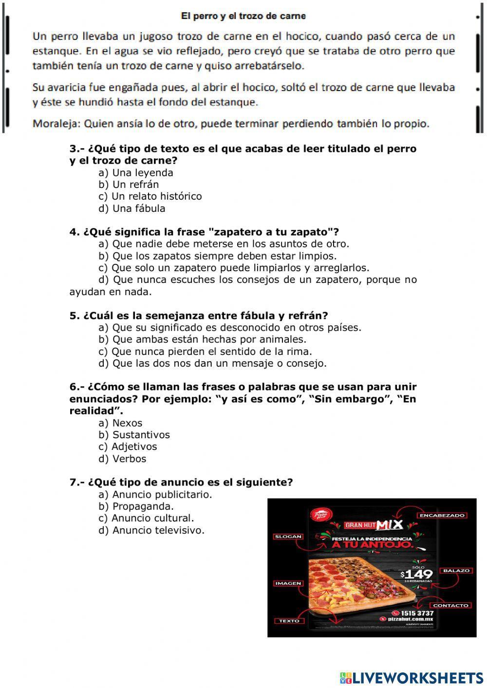 Diagnóstico de Español sexto de primaria