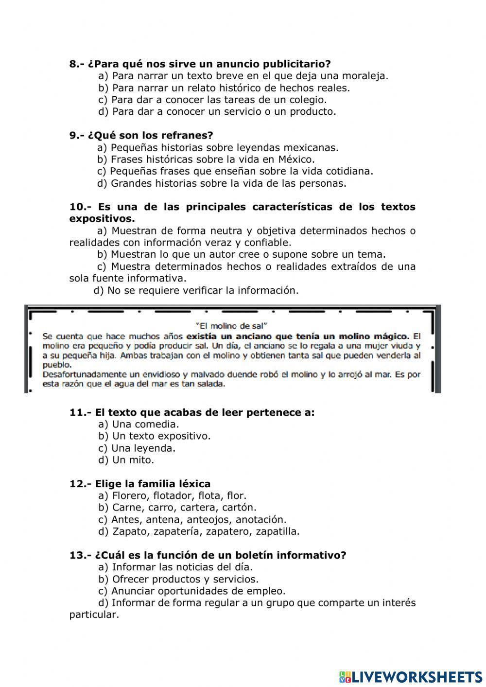 Diagnóstico de Español sexto de primaria