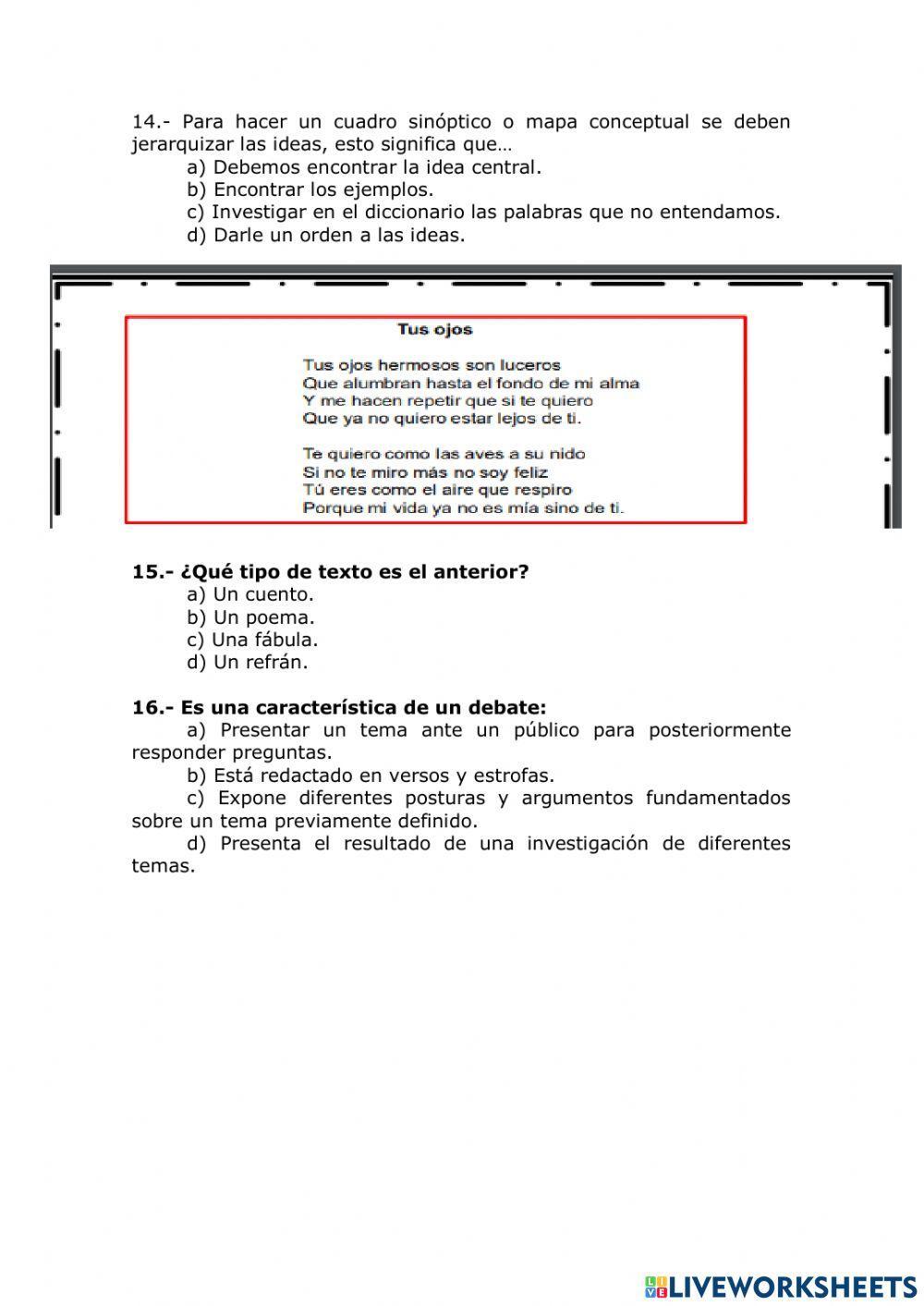Diagnóstico de Español sexto de primaria