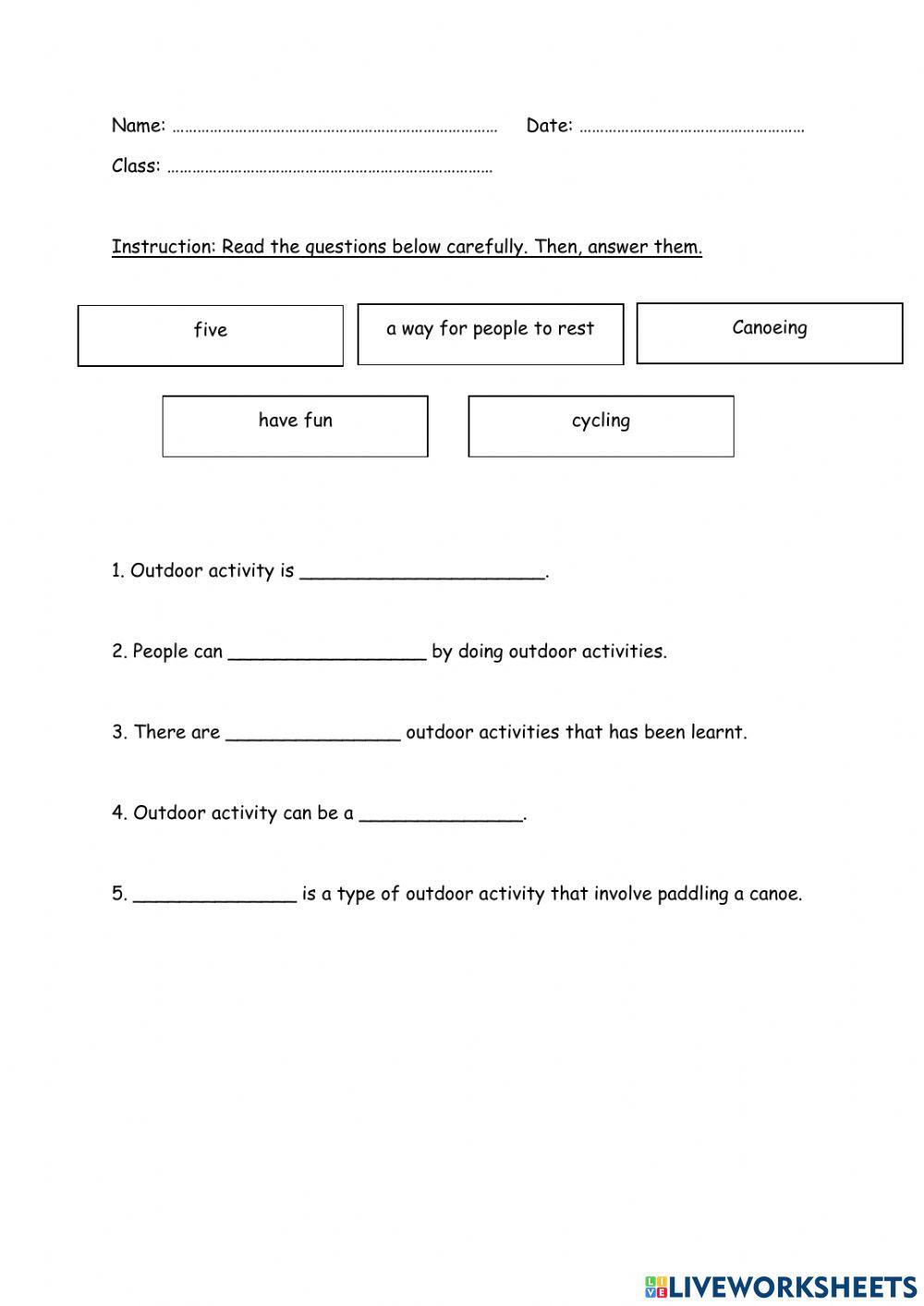 Outdoor Activities free online worksheet | Live Worksheets