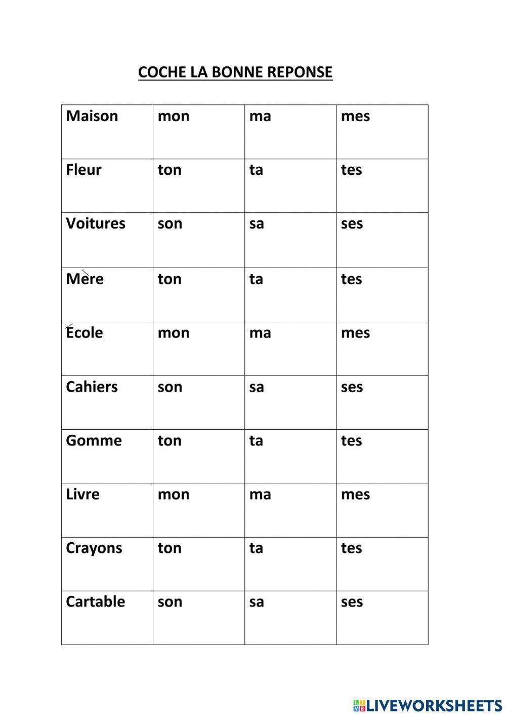French Possessive Adjectives online exercise for | Live Worksheets