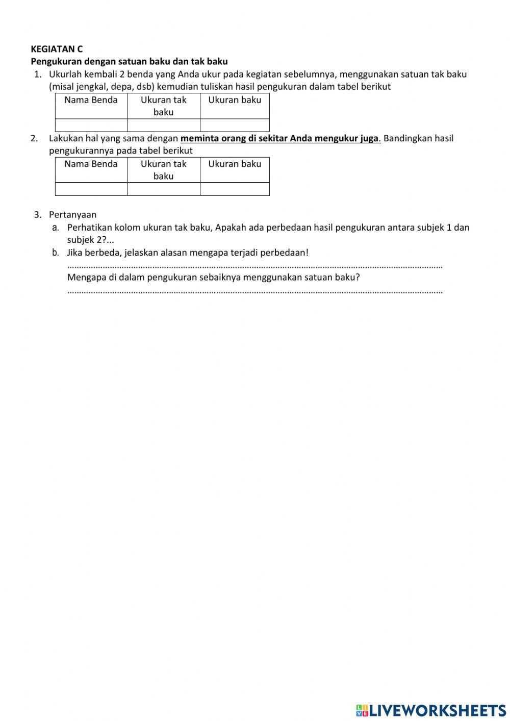 Worksheet 1: Ukuran dan Pengukuran