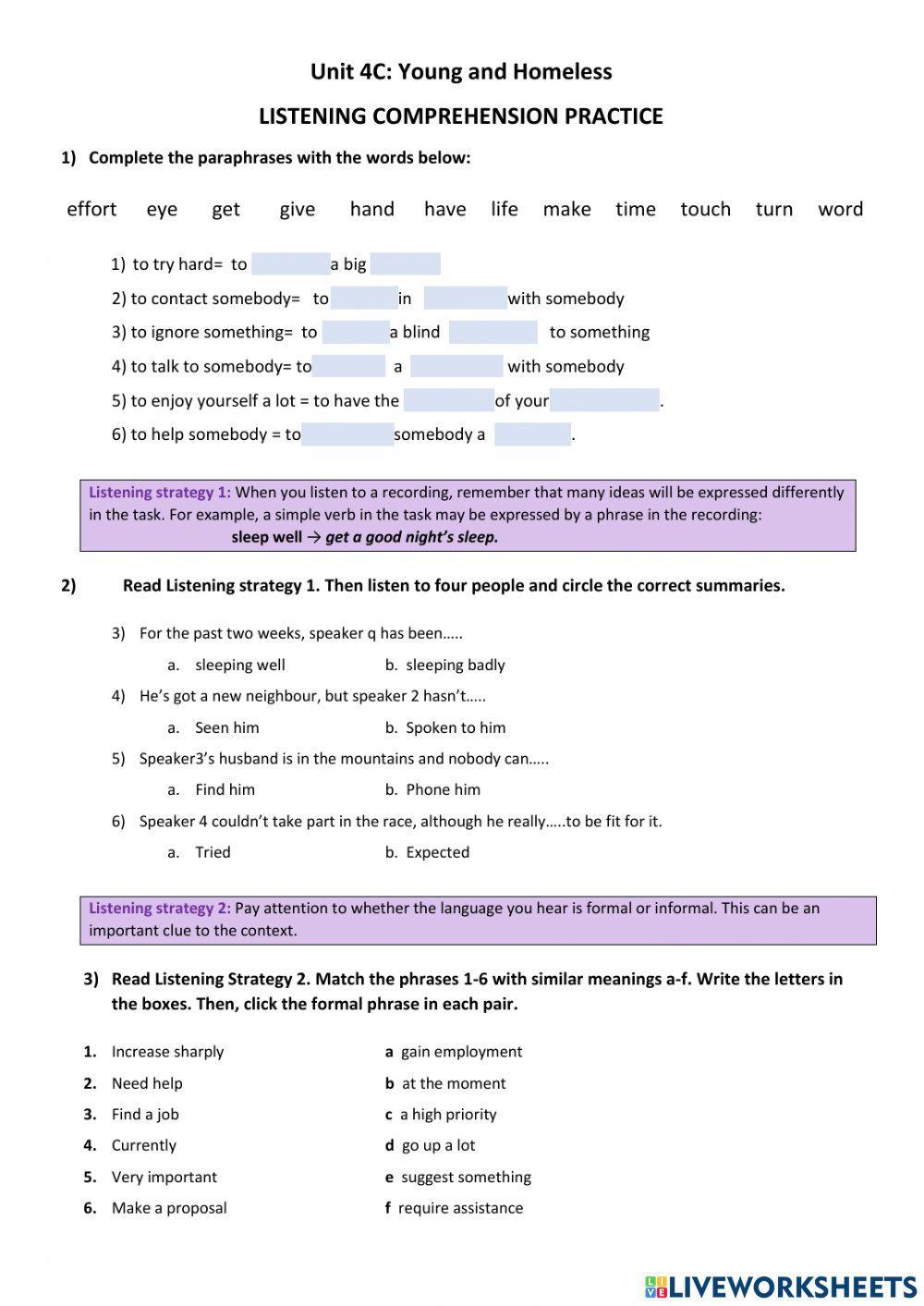Young and Homeless- Listening Activity