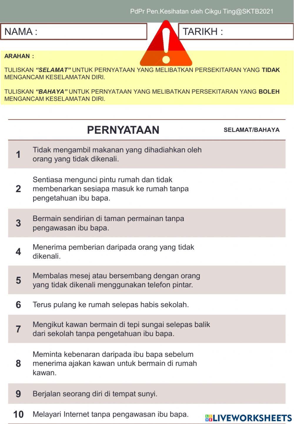 Pk tahun 3 : ancaman keselamatan worksheet Live Worksheets
