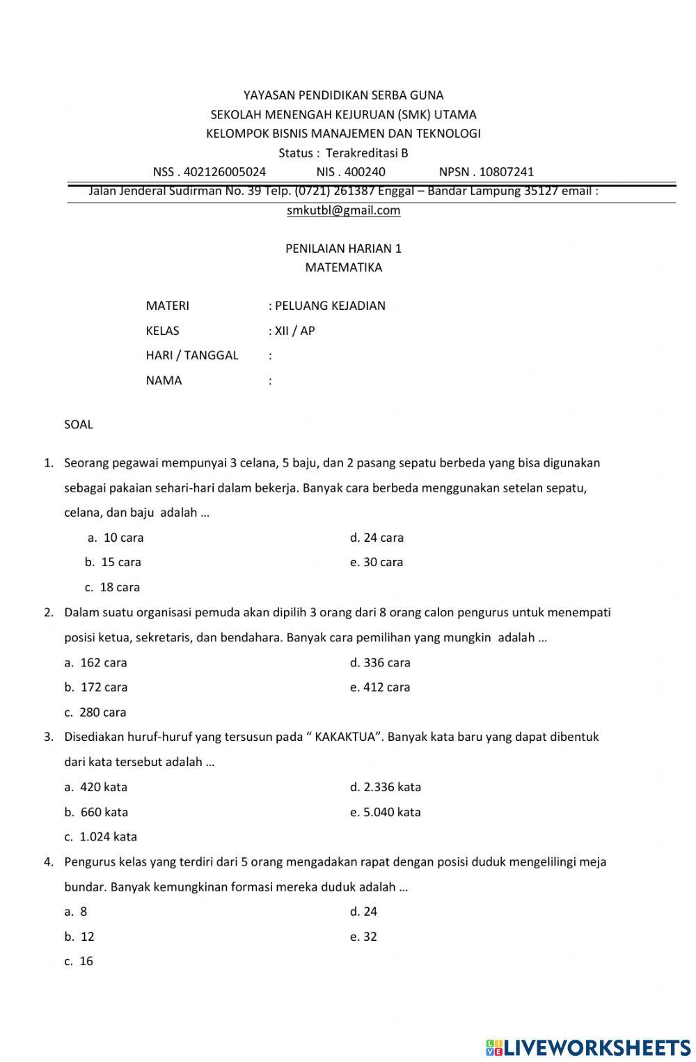 PH 1 Peluang worksheet | Live Worksheets