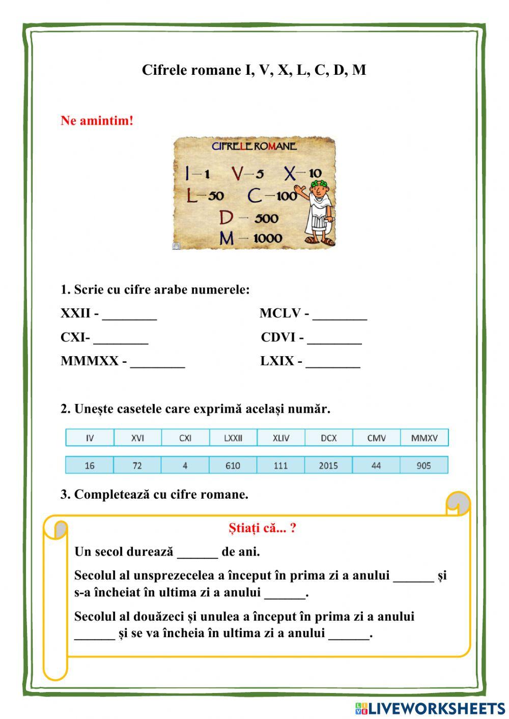 Scrierea numerelor cu cifrele romane I, V, X, L, C, D, M