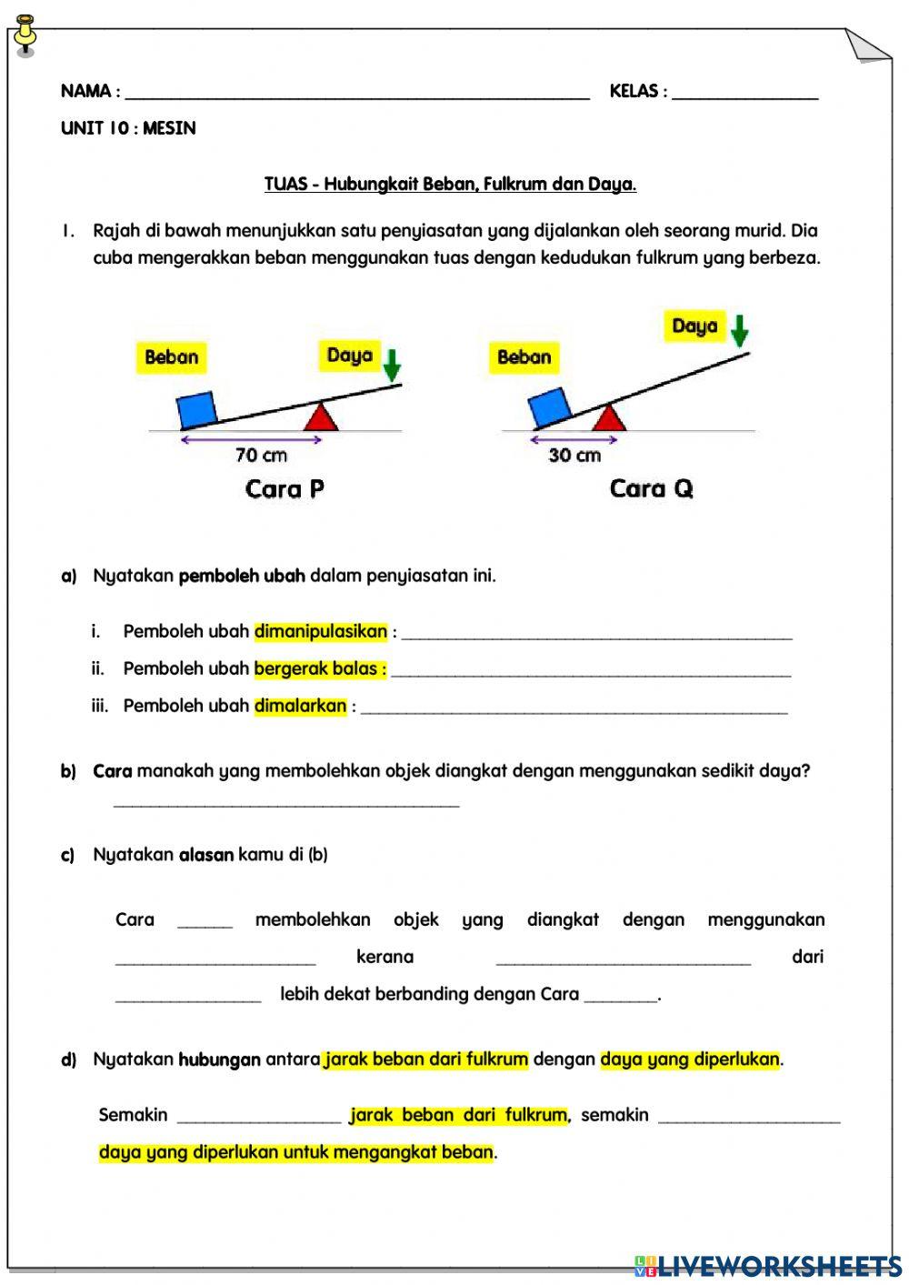 Hubungkait beban, fulkrum dan daya