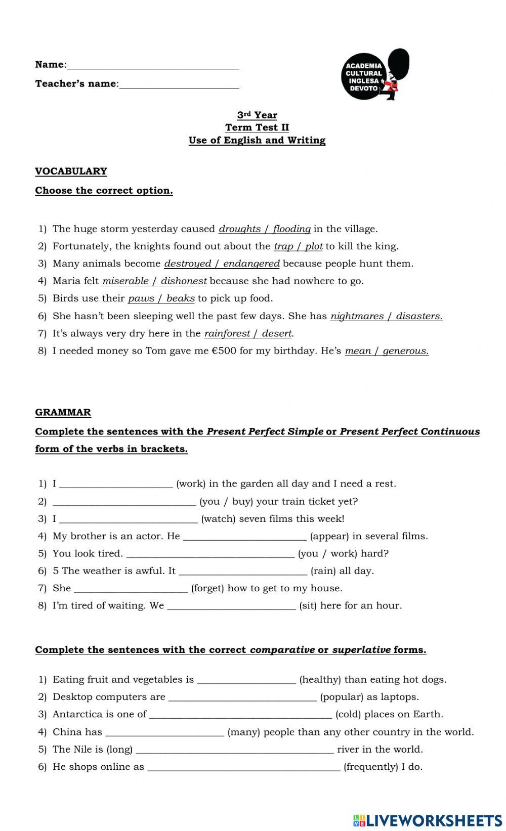 3rd Year - Term Test II - Use of English and Writing