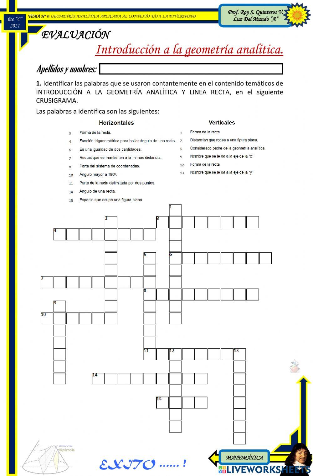 EVALUACIÓN, CRUCIGRAMA Geometría Analítica