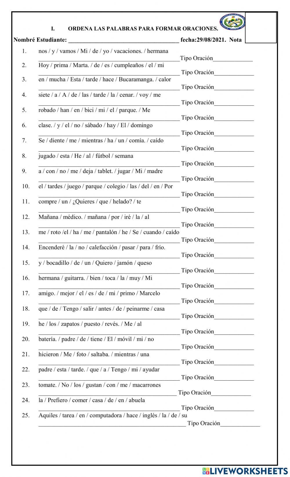 Ordenar Palabras para Crear Oraciones y Los Tipos de Oraciones 