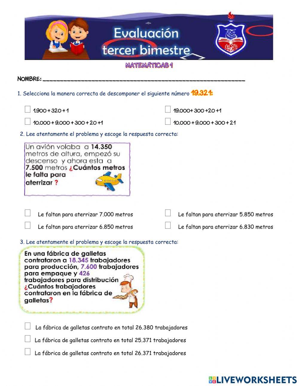 Evaluación matemáticas 1  -  3 bimestre