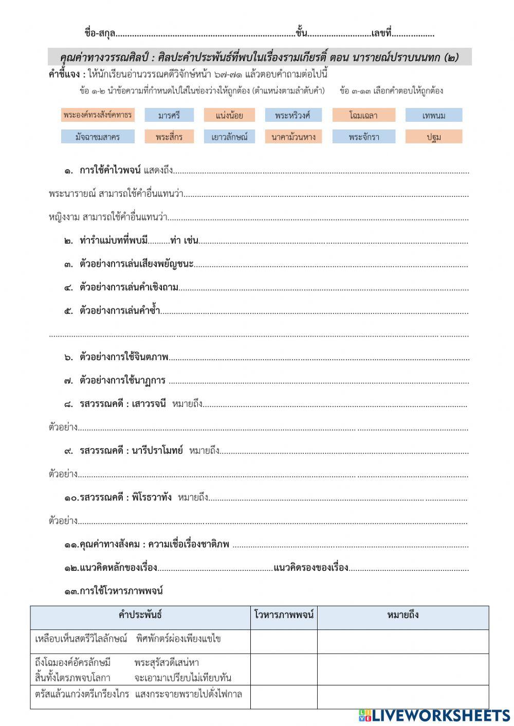 ใบงาน วิเคราะห์รามเกียรติ์ นารายณ์ปราบนนทก2
