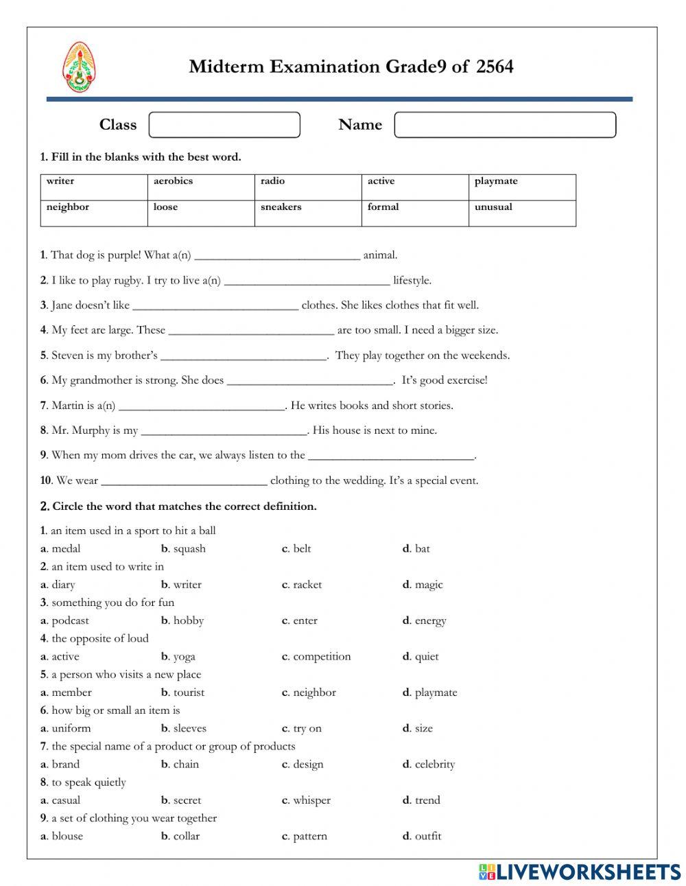 Midterm Examination Grade9 of 2564