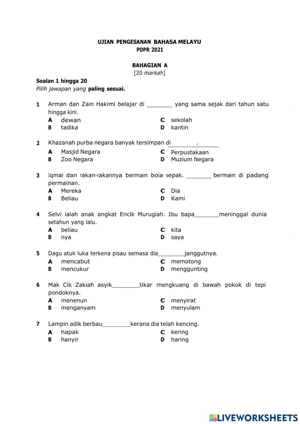Ujian pengesanan bahasa melayu | LiveWorksheets