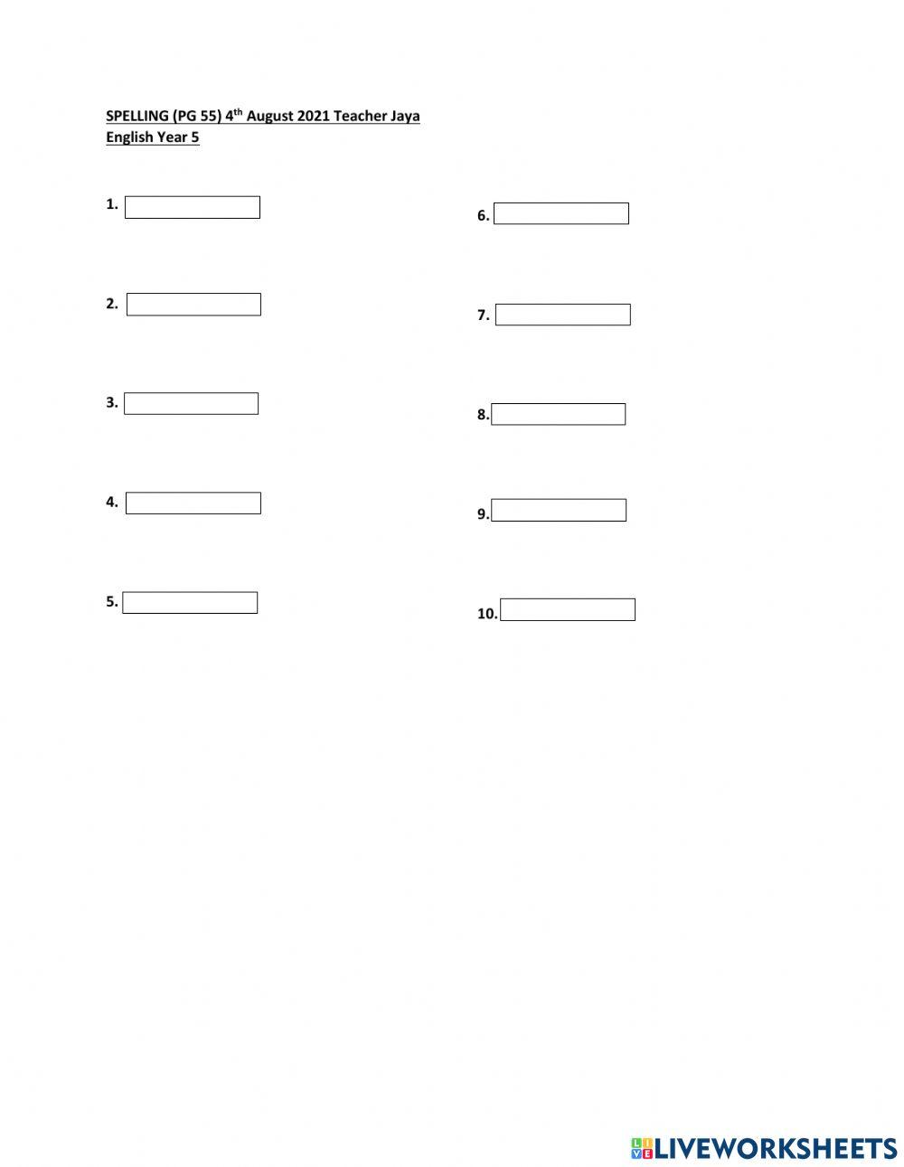 English Spelling Year 5 Food and health