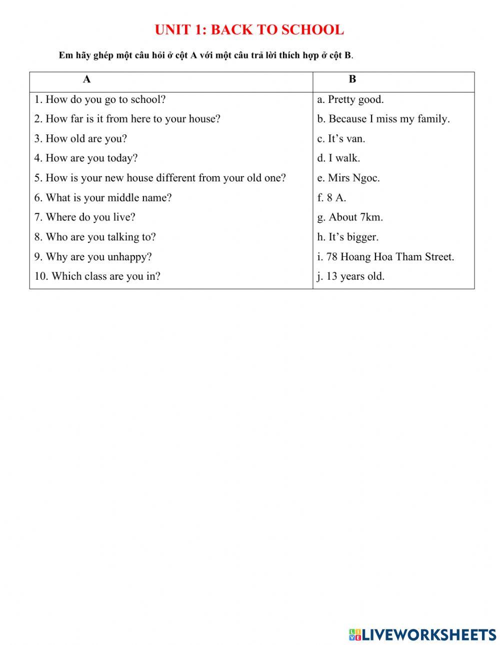 Grade  7 - Unit  1 - Matching
