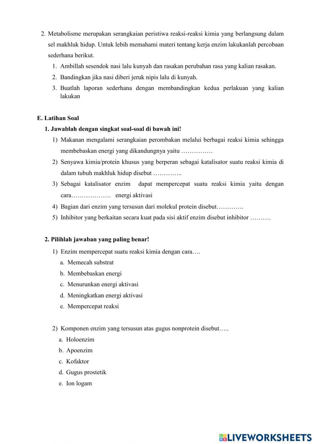 Kelas XII-Latihan Soal Enzim