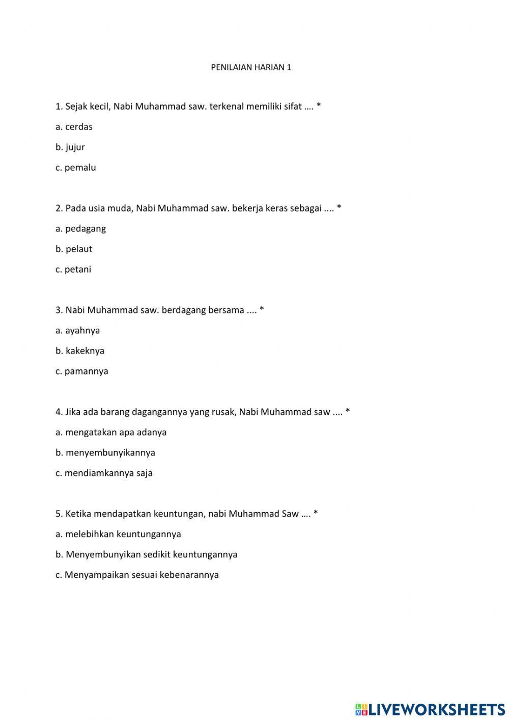 Penilaian Harian PAI Kelas 2 - Pelajaran 1