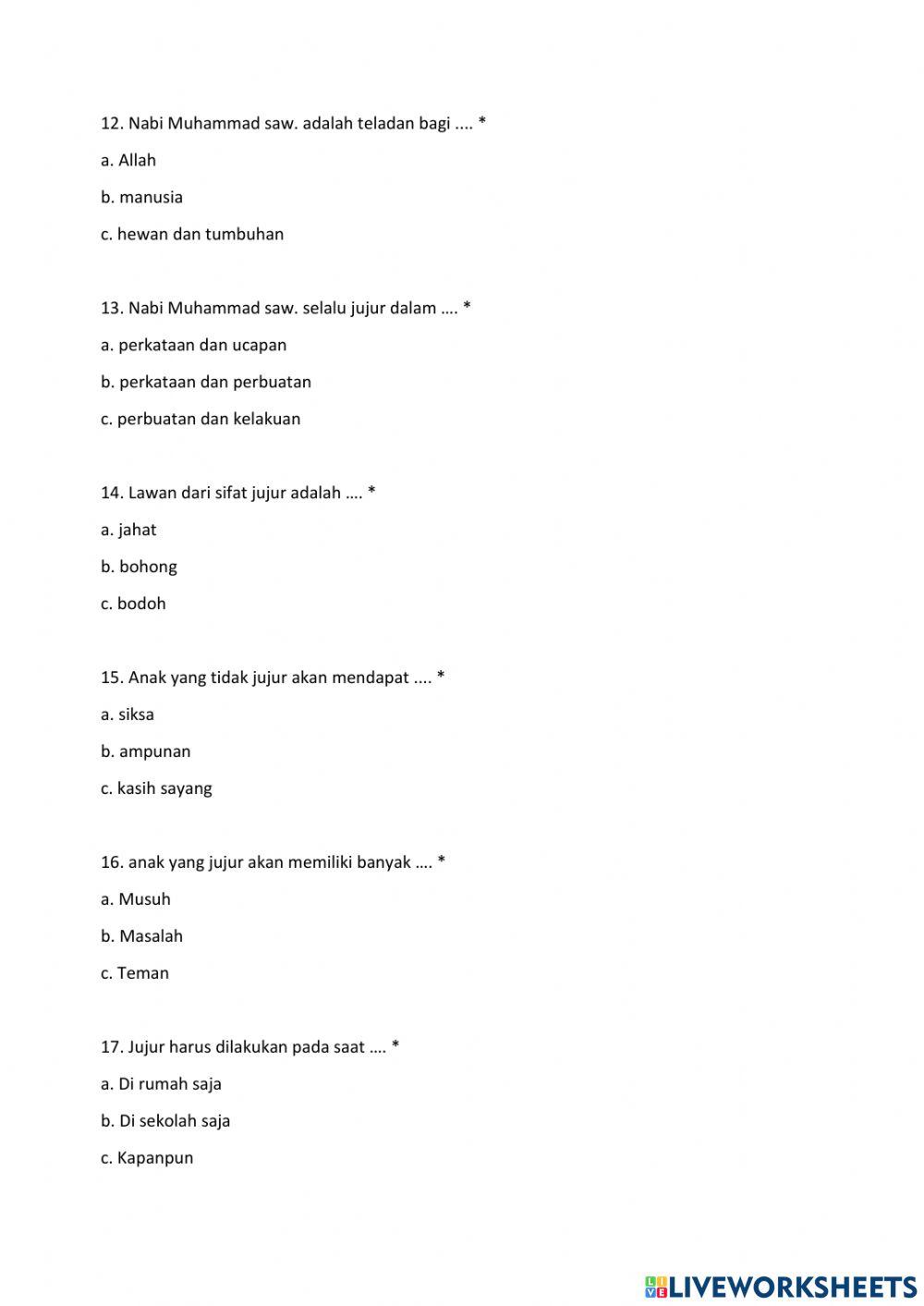 Penilaian Harian PAI Kelas 2 - Pelajaran 1