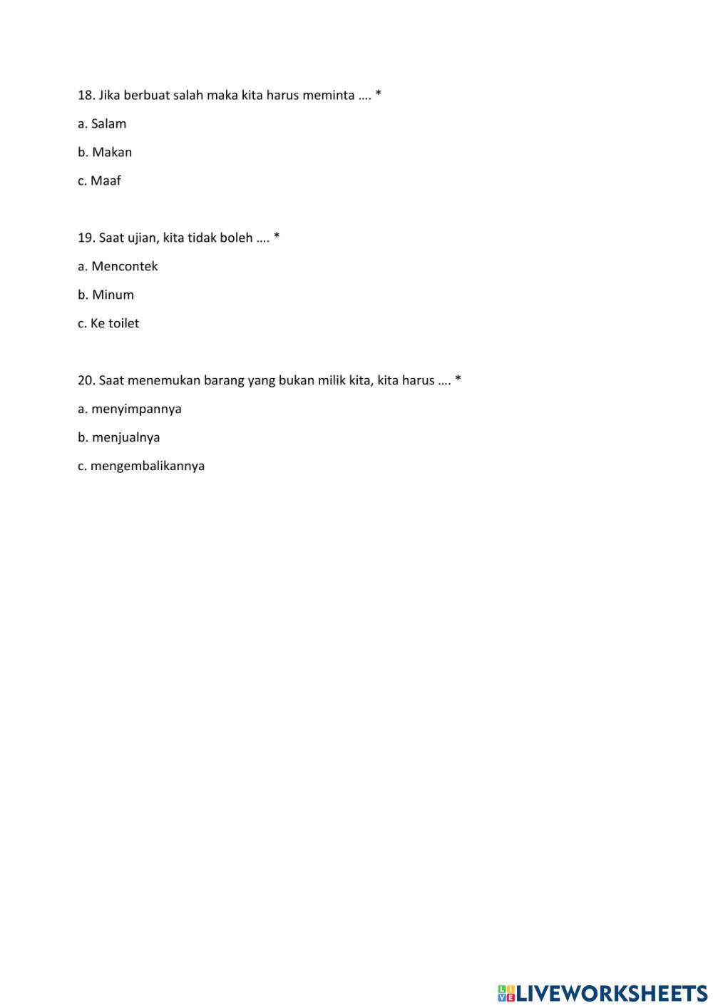 Penilaian Harian PAI Kelas 2 - Pelajaran 1